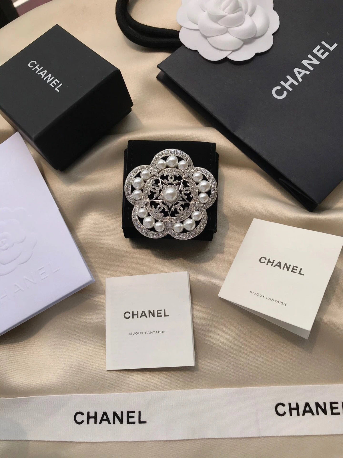 18K  Chanel Camellia Pearls Brooch