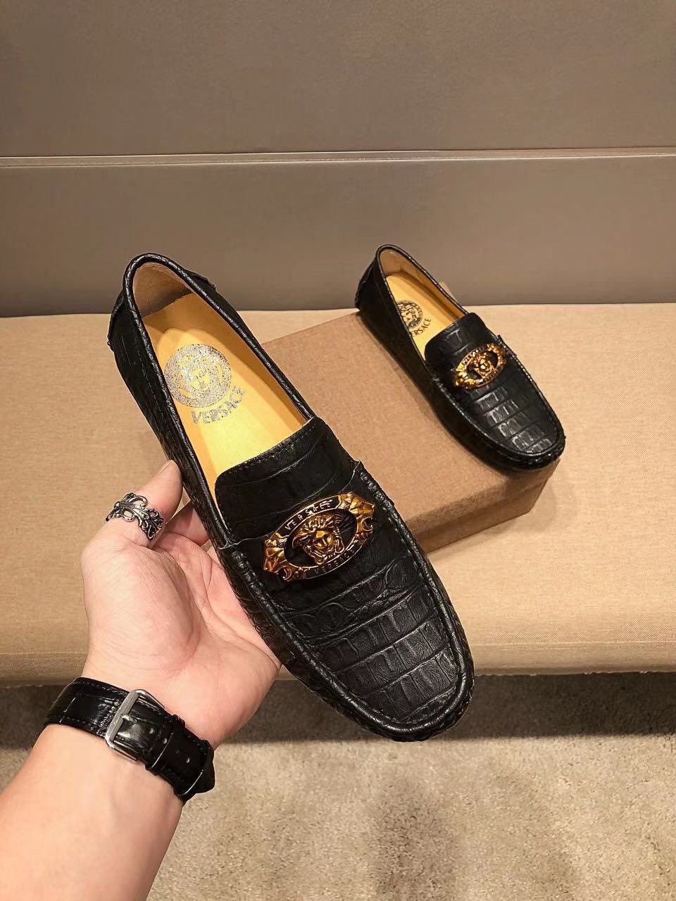 Versace Black Textured Loafers — model