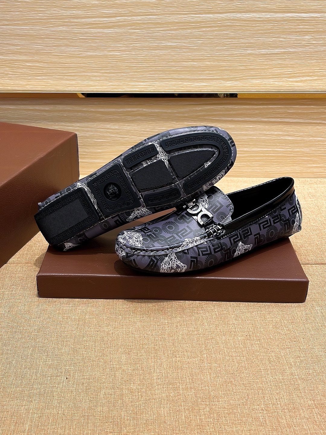 Versace Black and Gray Patterned Loafers — side