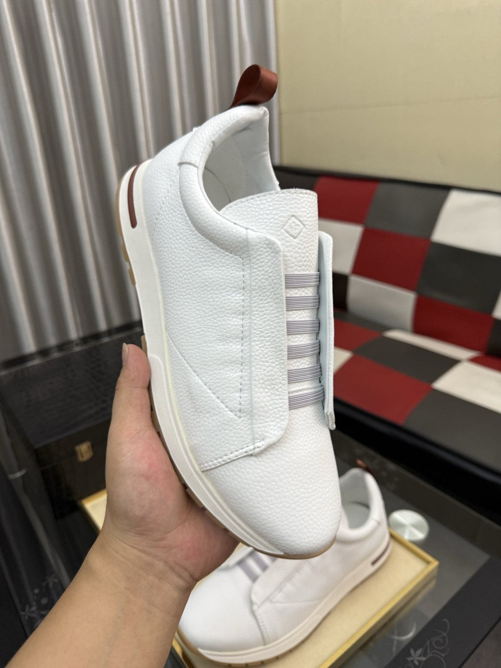 Men's White Slip-On Sneakers with Gray Bands — model