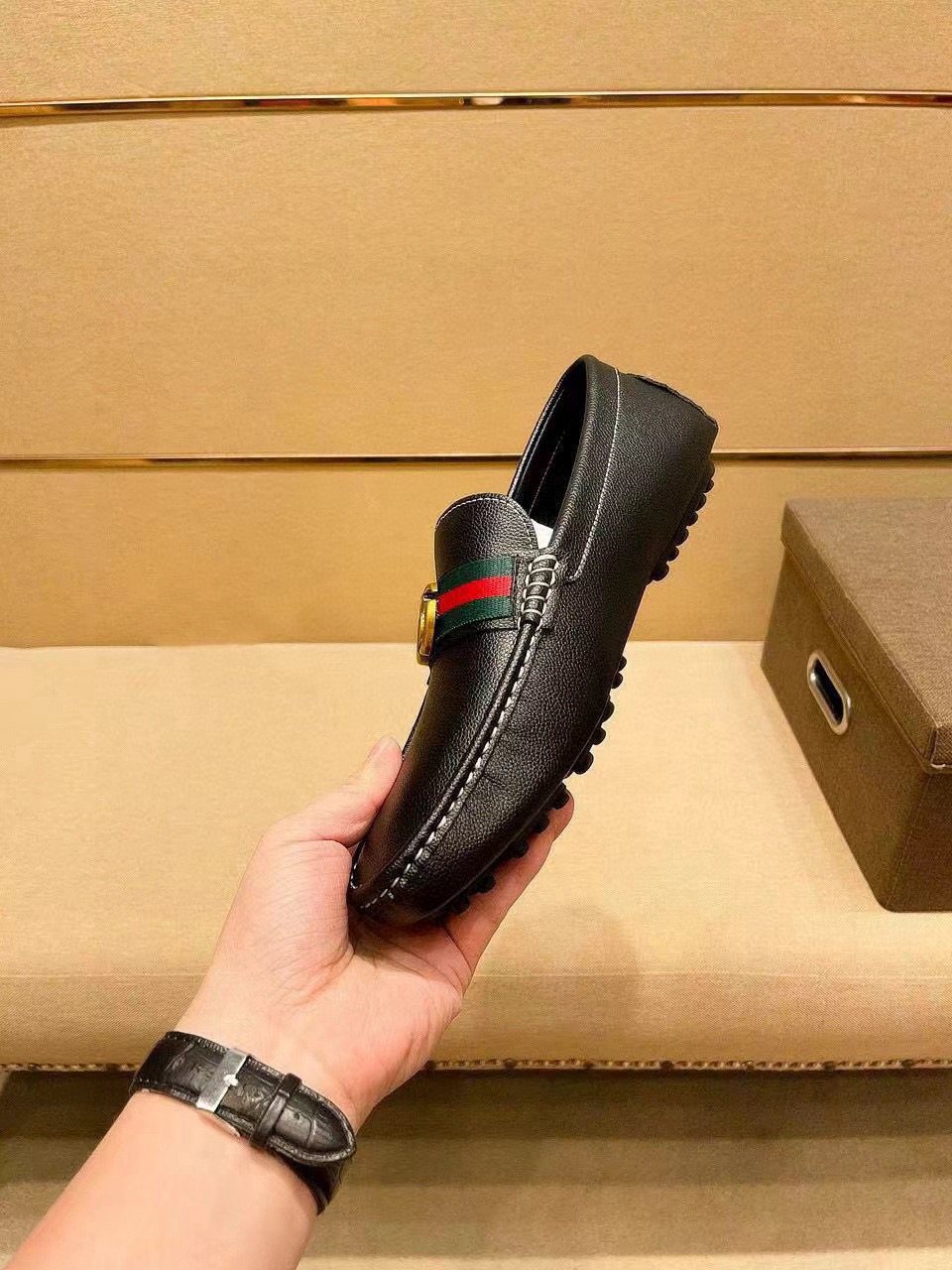 Gucci Black Red and Green Stripe Loafers — side
