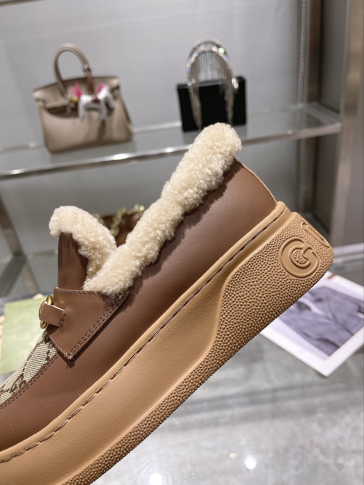 Gucci Patterned Plush-Trim Slip-On Snow Boots — detail